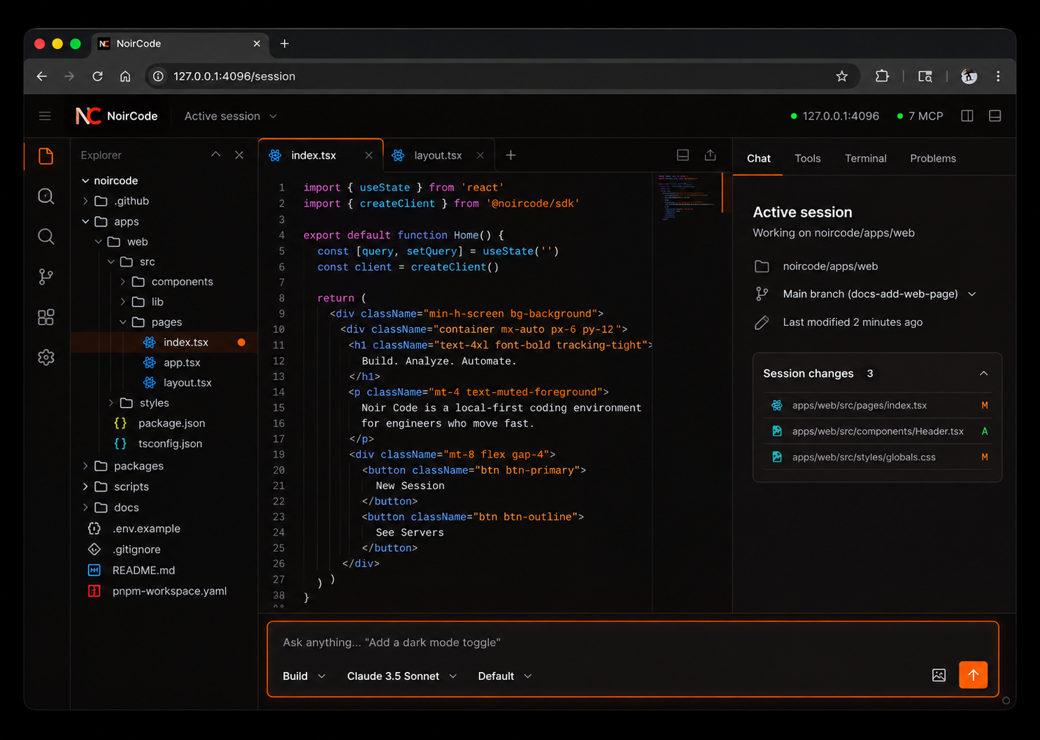 NoirCode desktop session with a file tree and an active conversation